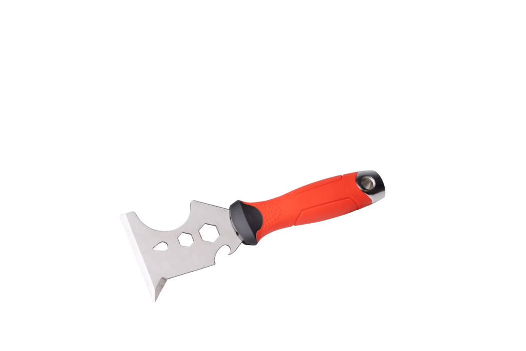 Pajarito_Dummy_Multifunctional spatula soft handle P-Line_178403_2024-02 A multi-functional tool designed for scraping and cutting. It features a stainless steel blade with various shapes cut into it, allowing for different functionalities. The handle is bright orange with textured grips for easy handling and control. This tool is ideal for tasks that require precision and versatility in materials handling.