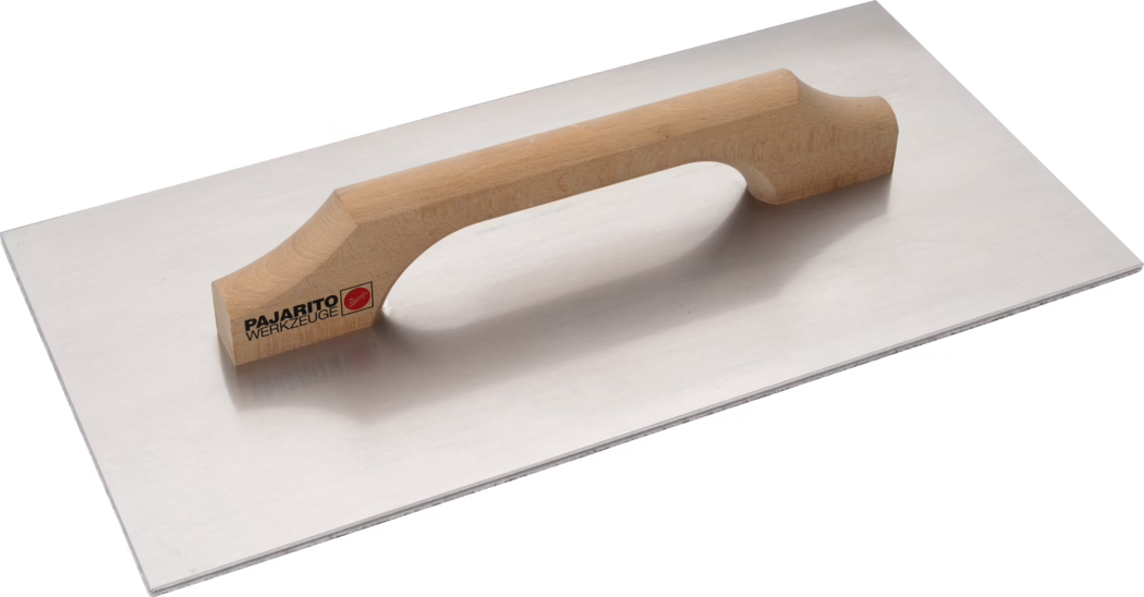 A construction trowel made of metal with a wooden handle. The trowel features a rectangular metal blade with smooth edges and a comfortable grip handle shaped to fit the hand. The tool is designed for spreading and smoothing materials such as concrete or mortar during construction work. The brand logo 'PAJARITO WERKZEUGE' is visible on the handle.
