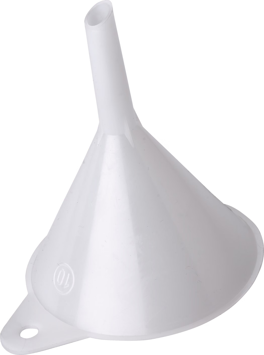 A small white plastic funnel with a conical body and a narrow, slightly angled spout. The glossy molded funnel features a small flat tab with a hanging hole and an embossed '10' near the rim. Lightweight and durable, it is intended for pouring liquids or powders into bottles and containers and is suitable for kitchen, workshop, or laboratory use.