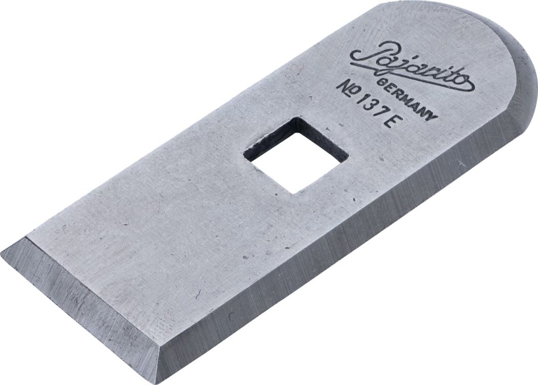 A metal tool, specifically a blade, with a flat edge and a square hole in the center, displaying a silvery finish. The blade has a rounded end and is marked with the brand name 'Pojarito' and 'GERMANY NO 137 E' engraved on its surface.
