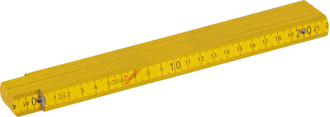 A yellow folding ruler displayed horizontally. The ruler is marked with metric measurements, ranging from 0 to 200 centimeters, with clear markings and numerical indicators. The design illustrates a sturdy construction typical of engineering tools.