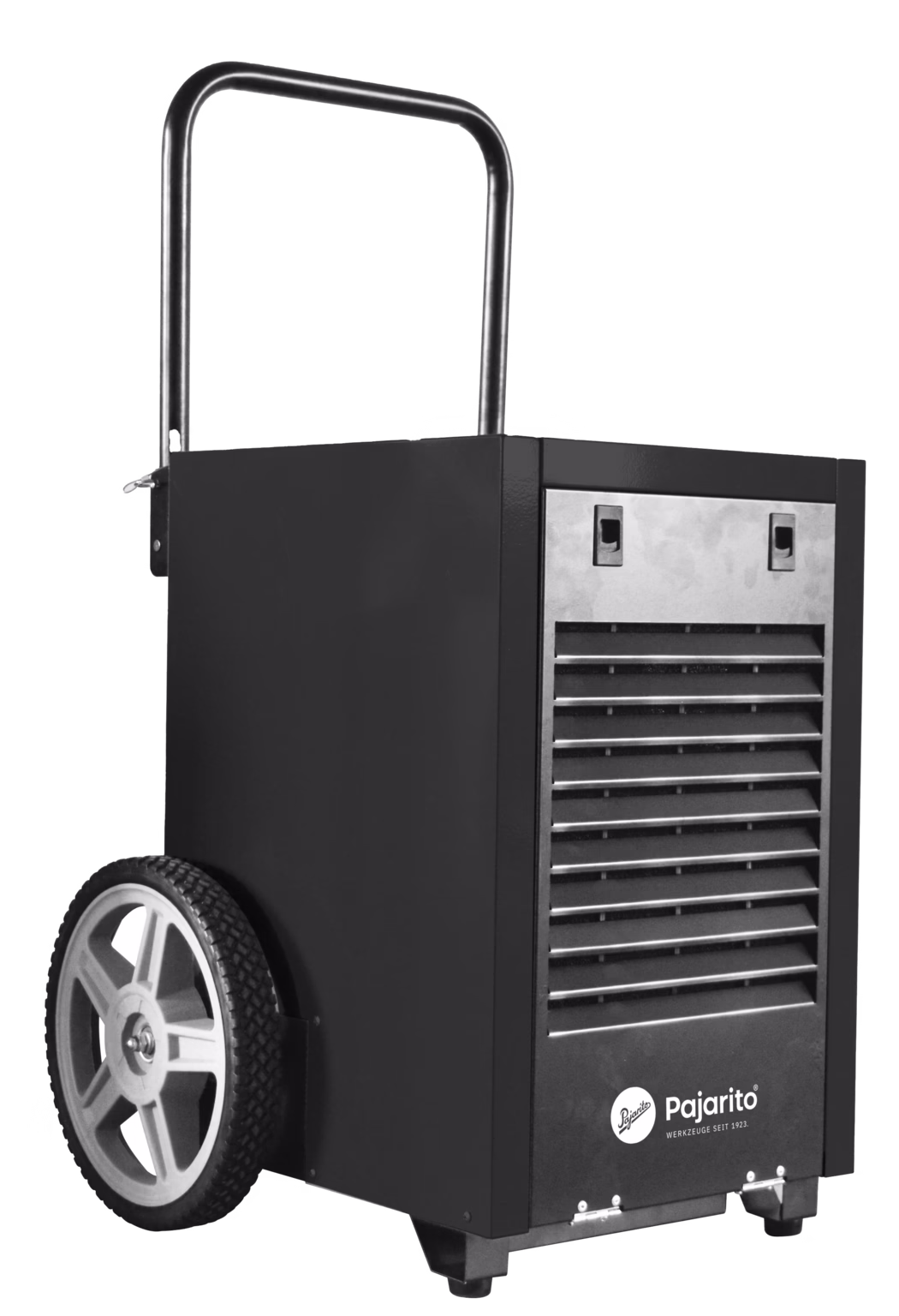 Pajarito_Dummy_Bautrockner 50L_181151_2024-08 Mobile industrial dehumidifier on two large wheels with a foldable metal handle. The unit features a tall rectangular black metal housing, a front metal grille with horizontal slats for air intake or exhaust, two small latches at the top front, rubber feet and a prominent 'Pajarito' logo near the base. The robust construction, textured wheel tire and simple transport handle indicate heavy-duty use in workshops or on construction sites.