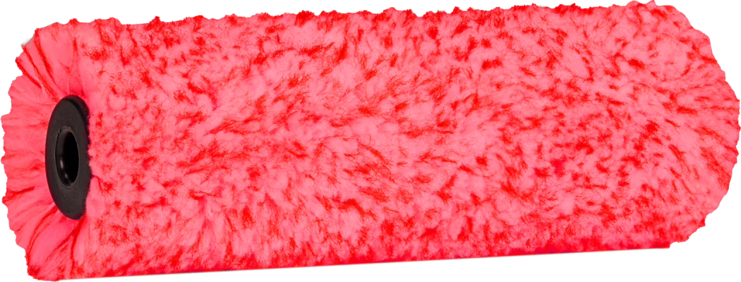 Pajarito_Dummy_Small roller Micromix Performance Line_168954_2021-11 A painting roller covered in a fluffy material, predominantly in bright red color, showcasing a textured surface that enhances paint application. The roller has a black plastic core, usually designed for easy attachment to a painting handle. This tool is ideal for achieving even coverage on surfaces during painting projects.