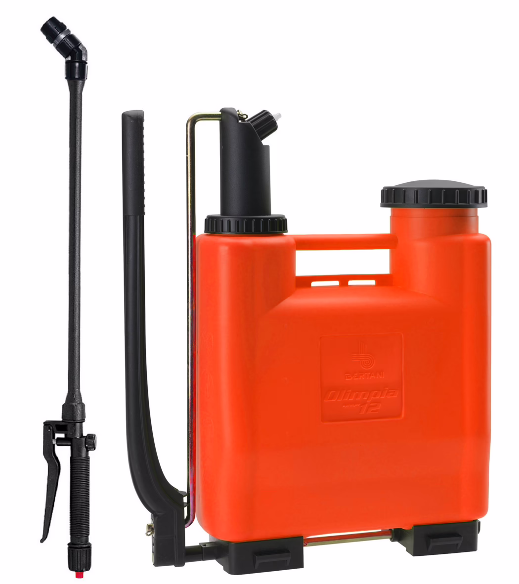 Pajarito_Dummy_Pressure sprayer 12L_174281_2024-01 Bright orange backpack sprayer with a rectangular 12-liter plastic tank embossed with 'Olimpia 12', a black hand pump and a separate black spray wand with trigger and adjustable nozzle, large threaded filler cap, metal support frame and molded base feet; suitable for garden and agricultural spraying.