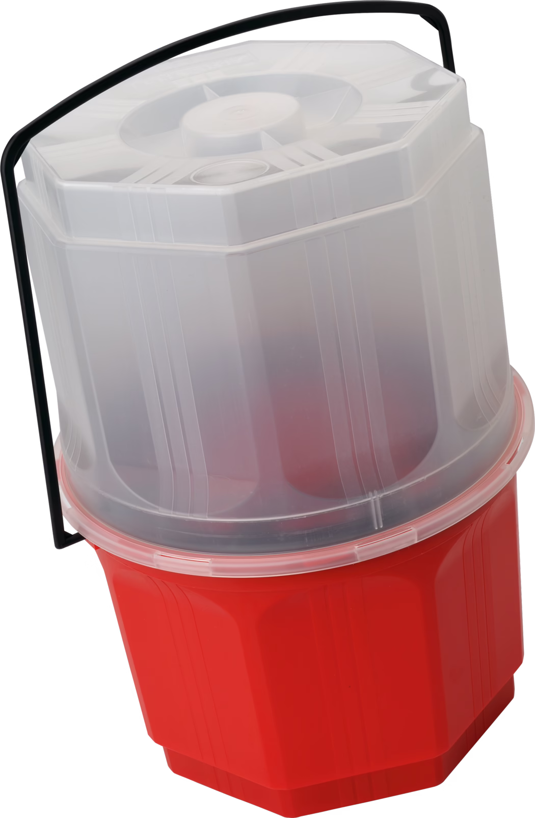Pajarito_Dummy_Professional brush pot_034770_ 2021-02 A multi-compartment container with a red base and a transparent lid, designed for storage. The container has an octagonal shape with a prominent handle for easy carrying. It features multiple separated sections inside, making it suitable for organizing various items such as paint, food, or craft materials.