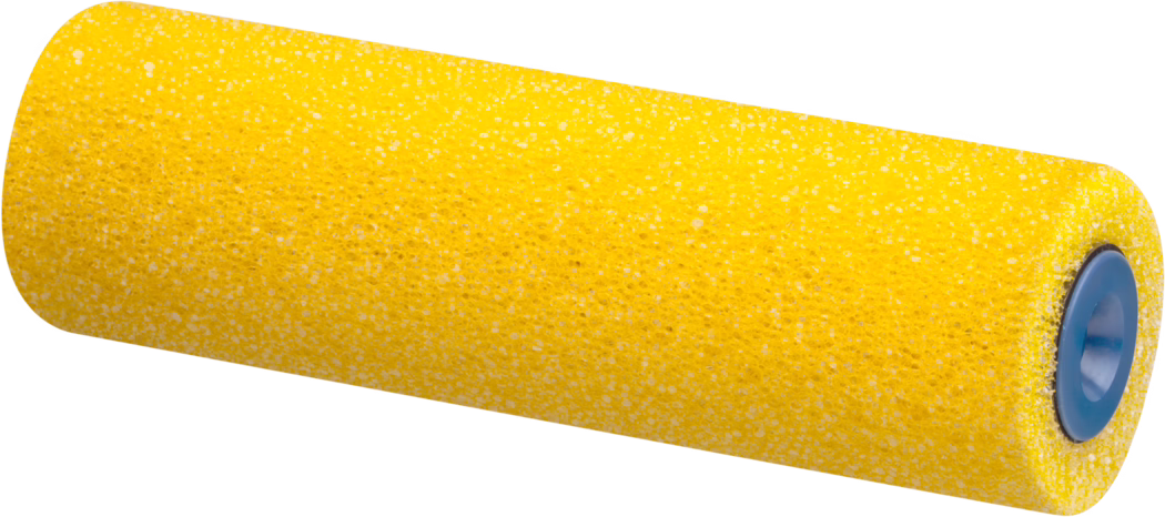 Pajarito_Dummy_Foam coarse Easy Line_169087_2021-11 A foam roller with a bright yellow surface, designed for muscle recovery and physical therapy. The roller has a textured finish, providing grip and helping to alleviate muscle soreness. It features a blue cap at each end for stability, making it suitable for various exercises and stretches. This roller is lightweight and portable, ideal for use at home or in the gym.
