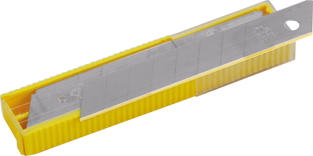 A yellow utility knife with a retractable blade, positioned in a closed state. The knife features a textured grip for ease of handling and is made of durable plastic. The blade compartment is visible, showcasing several sharp blade sections, indicating that the knife is designed for cutting various materials safely and efficiently.