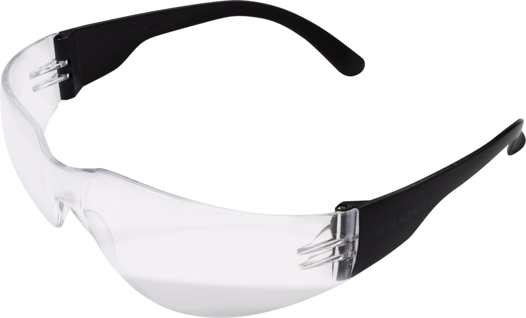 A pair of safety glasses designed for eye protection. The lenses are clear and made of durable material, while the temples are black and provide a comfortable fit. These glasses are suitable for various industrial and workshop environments to safeguard against debris and other potential hazards.
