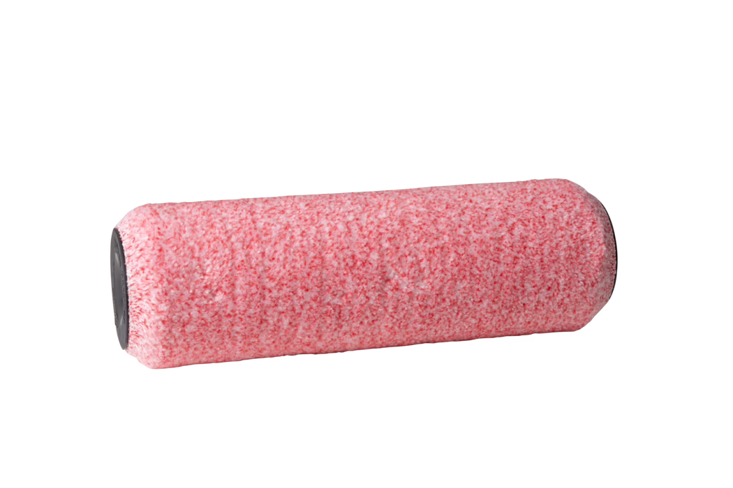 A pink paint roller with a fuzzy texture, designed for painting surfaces. The roller features a dark end cap for easy handling and a soft, textured surface for an even application of paint.