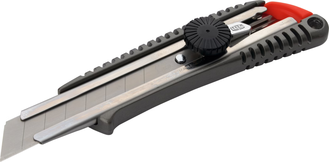 A utility knife with a retractable blade, featuring a textured grip and a black safety wheel for blade adjustment.