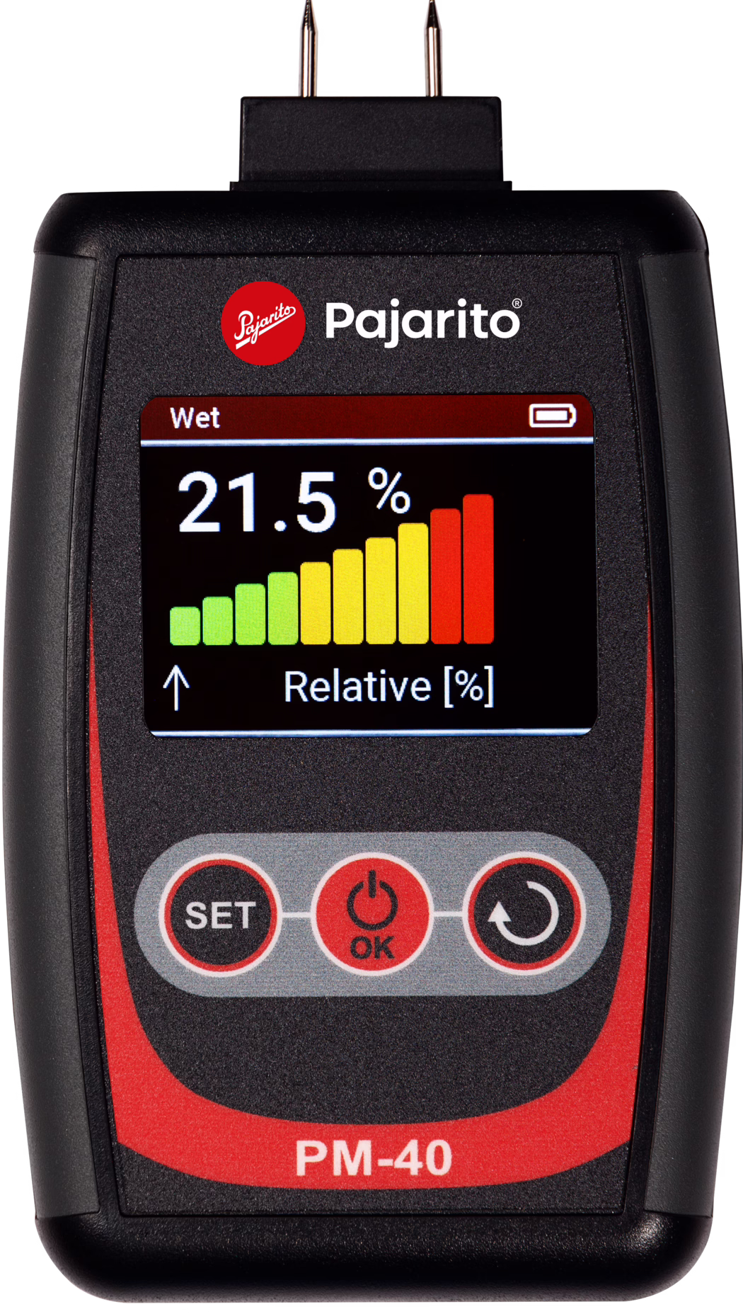 A digital moisture meter branded Pajaritо with a display showing a moisture level of 21.5% and a color-coded bar graph indicating relative humidity levels from low to high. The device has a red and black design featuring buttons for 'SET' and 'OK'. It is designed for detecting moisture content in materials.