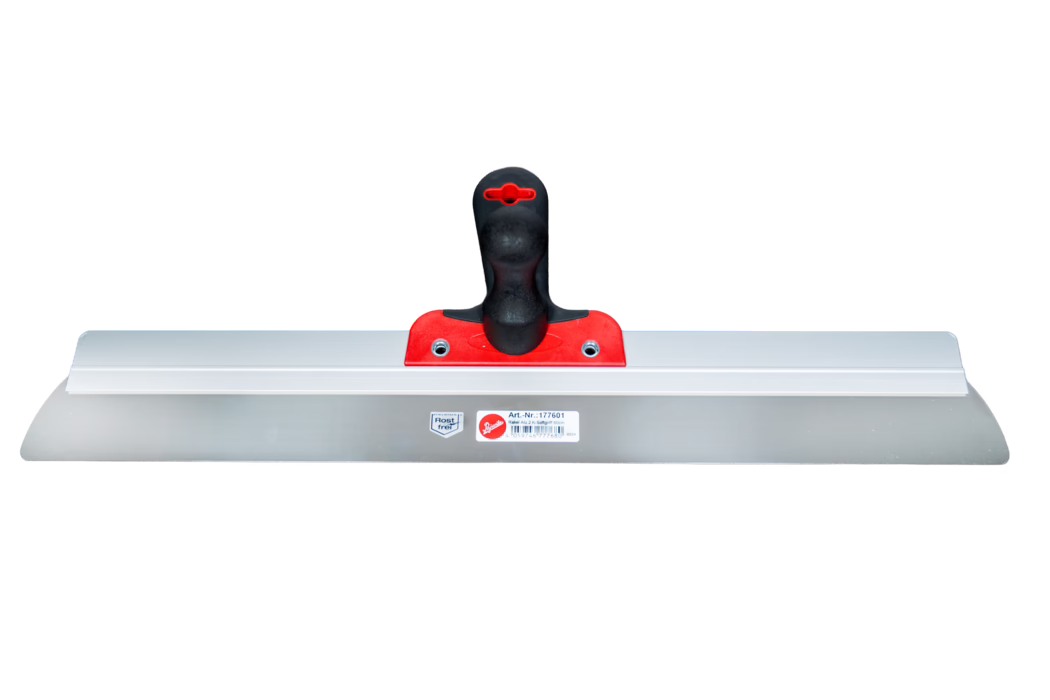 A wide metal plastering trowel with a long straight stainless-steel blade, an aluminum top edge and a black ergonomic plastic handle mounted on a red plastic holder; product label and barcode in the center; photographed on a white background.