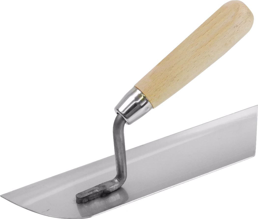 A trowel with a wooden handle and a stainless steel blade, commonly used in construction and gardening for spreading materials like cement or soil.