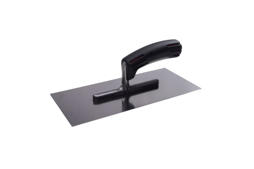 Black-handled rectangular plastering trowel with a smooth reflective metal blade, photographed on a white background.