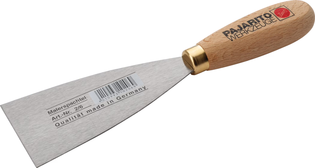 A painter's spatula with a stainless steel blade and a wooden handle. The blade is angled and wider at the end, making it ideal for spreading paint or other materials. The handle is crafted from natural wood and features a gold-colored metal ferrule, giving it a classic look. The spatula shows a label indicating it is made in Germany, along with a barcode and product numbers.