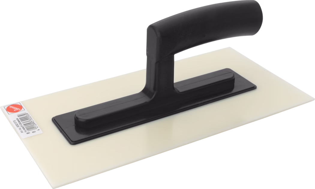 A flat trowel with a rectangular, smooth blade made of a light material and a black handle. The handle is positioned centrally on the blade, allowing for an ergonomic grip. The blade appears to be rigid and is ideal for spreading materials like plaster or cement. A label is attached to the handle's base, featuring a brand logo and product code.