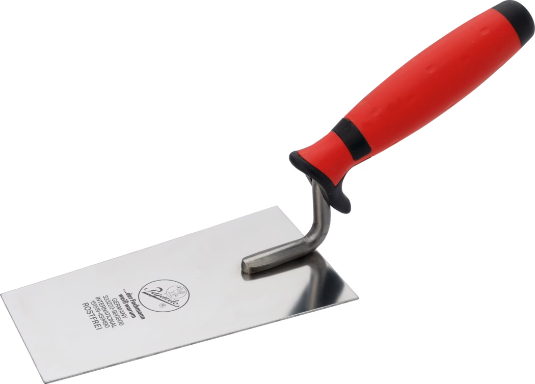 Pajarito_Dummy_Cleaning trowel soft handle_013140_013684_2021-02 A stainless steel trowel with a red rubber handle, designed for smooth plastering and finishing work. The metal blade is flat and rectangular, featuring a logo and markings that indicate its specifications. The handle has a ergonomic design for a comfortable grip, suitable for prolonged use in construction or DIY projects.