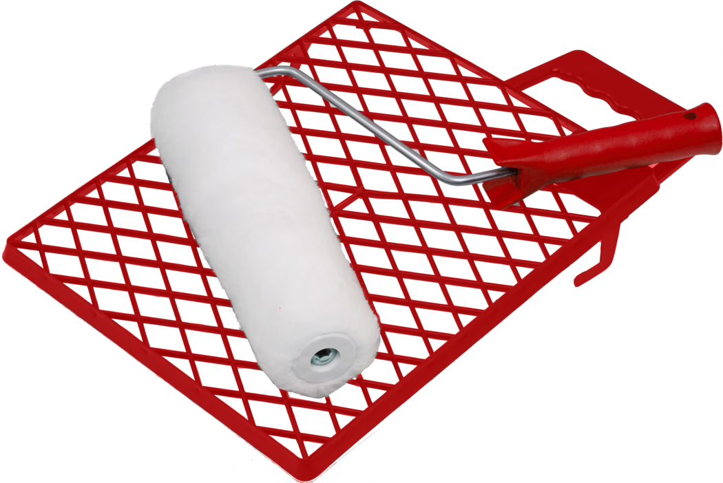 A paint roller on a red paint tray. The roller is covered in white fabric, ready for use in painting tasks. The tray features a grid pattern allowing excess paint to drip back into the tray. The setup is typical for home improvement and DIY painting projects.