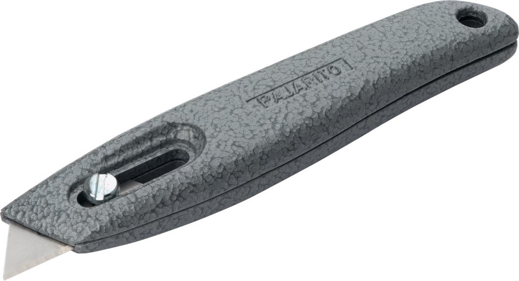 Pajarito_Dummy_All purpose knife_034608_2021-02 A gray utility knife featuring a textured handle and a visible blade. The handle has a hole for easy storage and a screw that secures the blade in place.