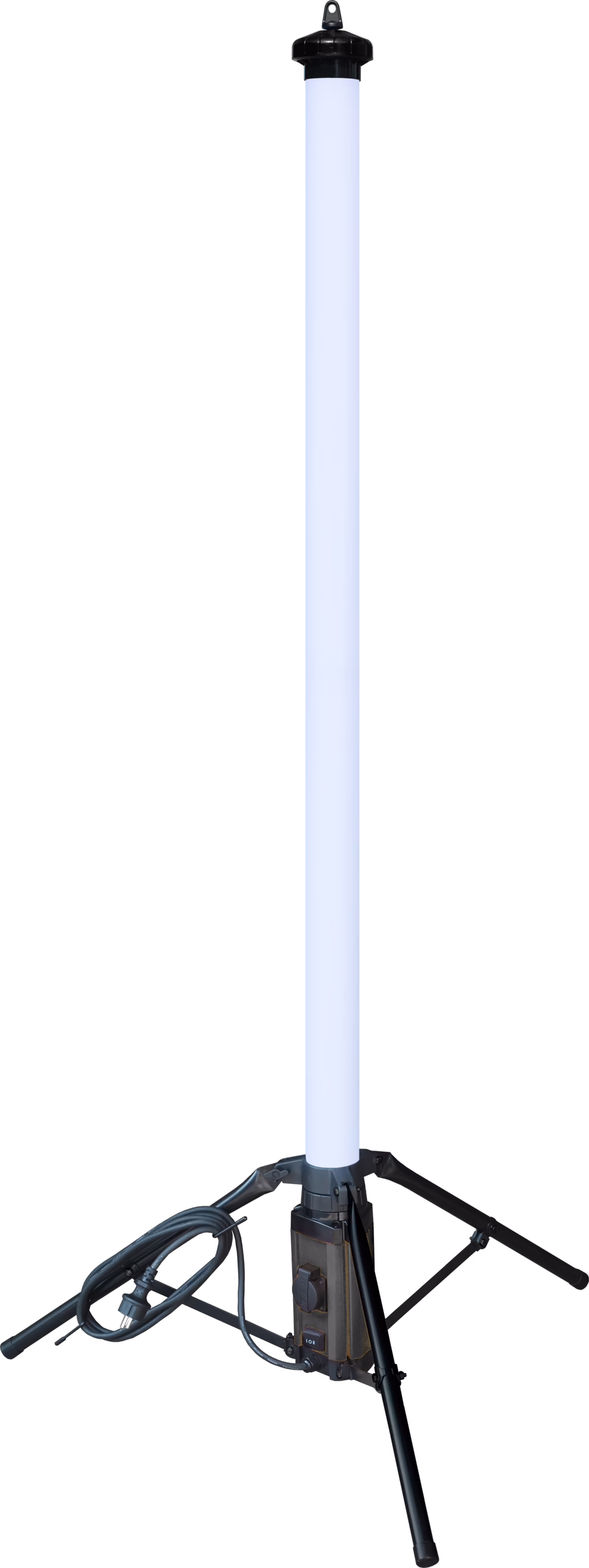 Tall cylindrical LED work light with a white diffuser mounted on a black tripod; black top cap with hanging loop, base houses a control box with dimmer knob and on/off switch, and a coiled power cable is visible.