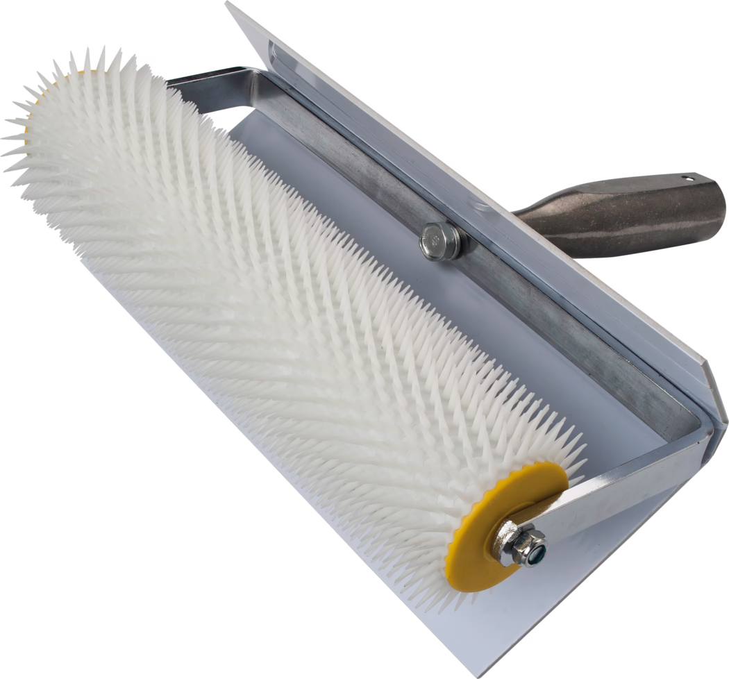 A painting tool featuring a long white roller with spiked attachments for texture application. The roller is mounted on a metal frame with a sturdy handle, designed to hold the roller securely. The spikes on the roller facilitate the creation of unique patterns and textures on various surfaces during painting.