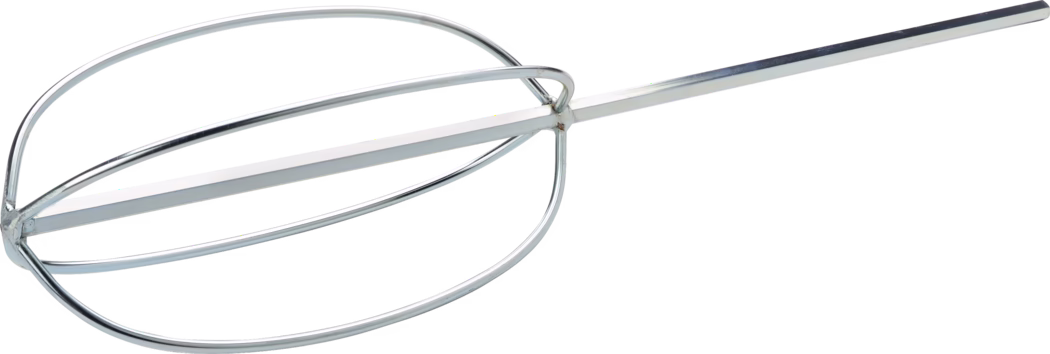 Pajarito_Dummy_Basket stirrer_052181_2021-02 A stainless steel whisk used for mixing ingredients, featuring a long handle and a rounded wire design that allows for effective aeration and blending.