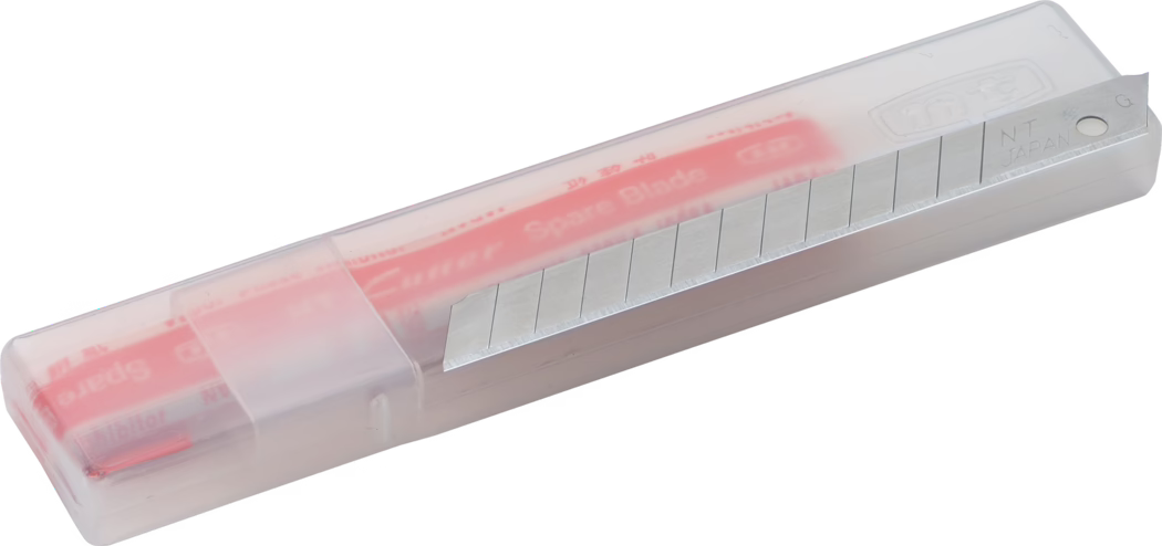 A precision cutter with a transparent casing, showcasing the metal blade and spare blades inside. The cutter has marked lines on the blade indicating cut lengths, and the case is designed to keep the blades organized and secure.