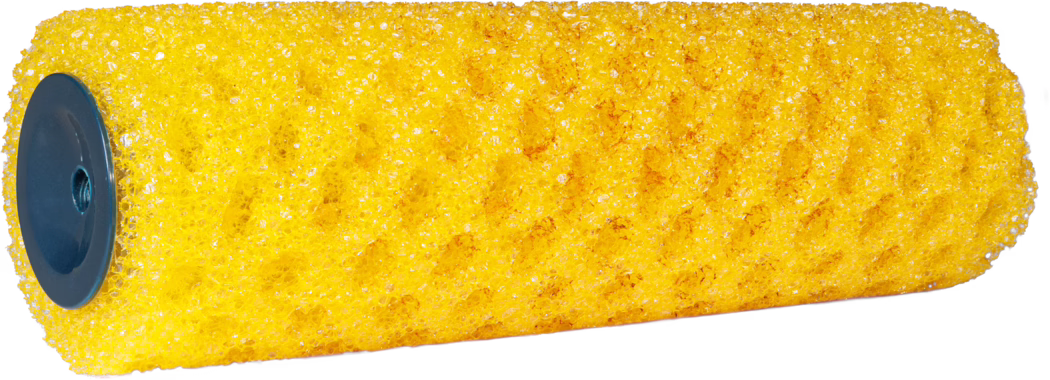 A close-up image of a yellow paint roller with a textured surface, designed for painting. The roller has a blue plastic end and is covered in a sponge-like material that appears to be ideal for applying paint evenly on various surfaces.