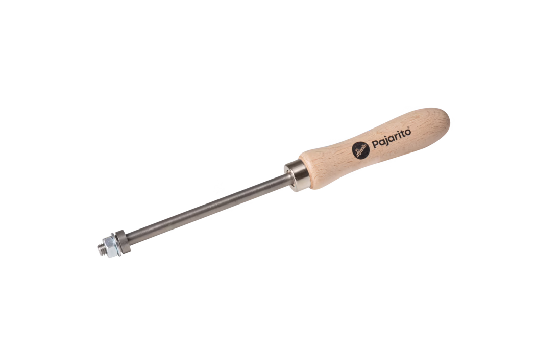 Pajarito_Dummy_Scraper handle_035842_2021-02 Product image of a metal rod tool with a light wooden handle branded 'Pajarito'. The tool features a long cylindrical stainless-steel shaft, a metal ferrule at the handle, and a threaded tip with nut and washer. The handle is smooth, ergonomic and light beech-colored. Shot on a white background.