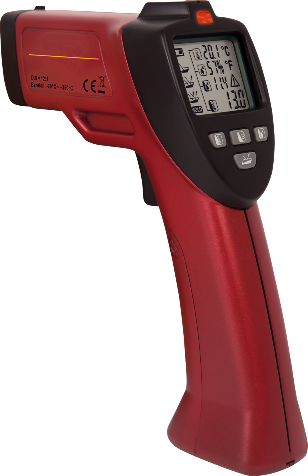 This is a non-contact infrared thermometer, designed to measure temperature from a distance. It features a sleek red body with a digital display showing the current temperature in Celsius and Fahrenheit, along with humidity and other indicators. The device has buttons for different functions including hold and measurement modes. The temperature range is from -20°C to +350°C with a distance-to-spot ratio of 12:1.