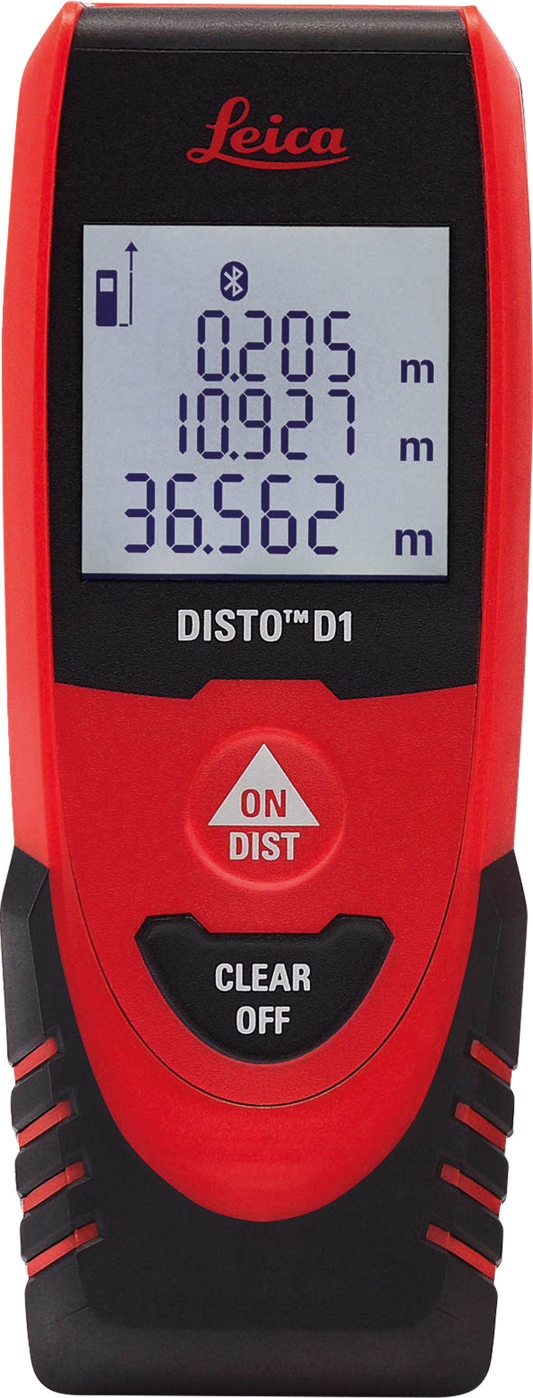 Pajarito_Dummy_Leica Disto D1_021129_2021-02 The Leica DISTO D1 is a compact laser distance measurement device characterized by its vibrant red and black color scheme. The front display features a readable digital screen that shows various measurement values in meters, with three values listed: 0.205 m, 10.927 m, and 36.562 m. The device is designed for ease of use, equipped with buttons for 'ON DIST' to initiate measurement, and 'CLEAR' and 'OFF' for operational control. The overall shape is sleek and ergonomic, suitable for individual hand use in measurement tasks.