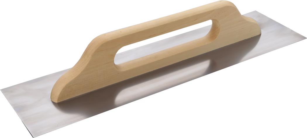 A stainless steel finishing trowel with a long rectangular polished metal blade and a light wooden handle featuring an elongated oval grip slot, photographed on a white background.