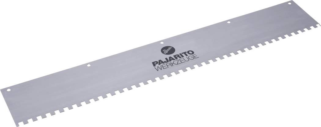 Pajarito_Dummy_Spare blade squeegee notched_012871_012893_012894_038626_013682_2021-02 A straight metal tool with a serrated edge, featuring the brand name 'Pajarito Werkzeuge' prominently displayed on its surface. The tool appears to be designed for precision cutting or scraping, showcasing a smooth metallic finish and several holes along its top edge, likely for hanging or mounting purposes.