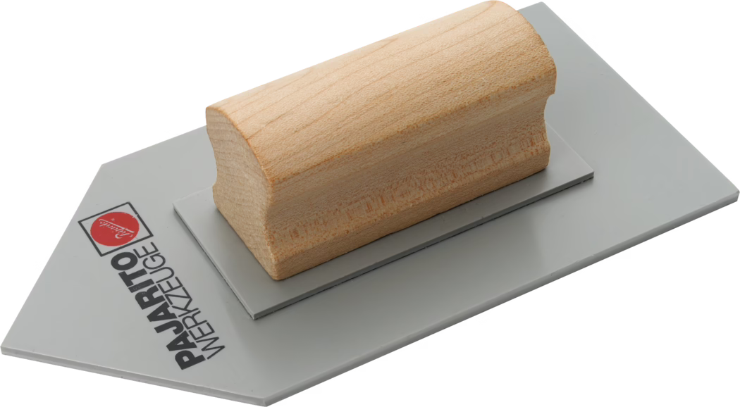 A high-quality trowel designed for finishing surfaces, featuring a smooth wooden handle and a rectangular stainless steel blade. The trowel's handle is ergonomic, providing a comfortable grip for prolonged use. The logo 'PAJARITO WERKZEUGE' is printed clearly on the blade, indicating the brand's identity and craftsmanship. The overall design emphasizes durability and efficiency, making it an essential tool for plastering and other finishing tasks.