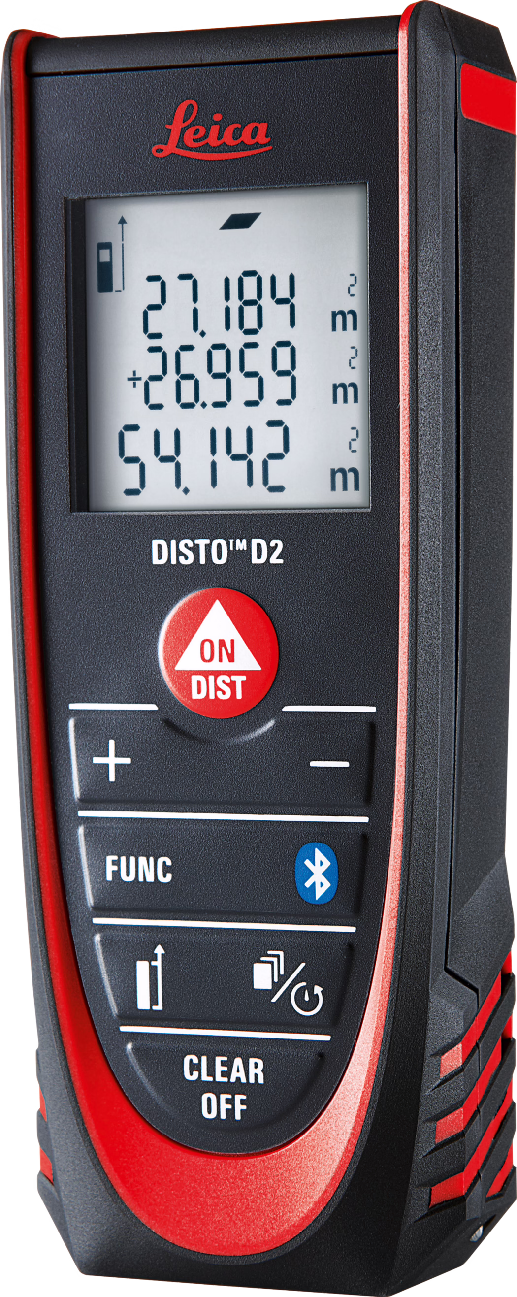 A Leica DISTO D2 laser distance measure prominently features a digital display with measurement readings. The measurements shown include 27.184 m, 26.959 m, and a total of 54.142 m. The device has a sleek black and red design, with buttons for functionalities like distance measurement and Bluetooth connectivity positioned below the display. The prominent 'ON DIST' button, marked with a red triangle, is located at the top center of the device.