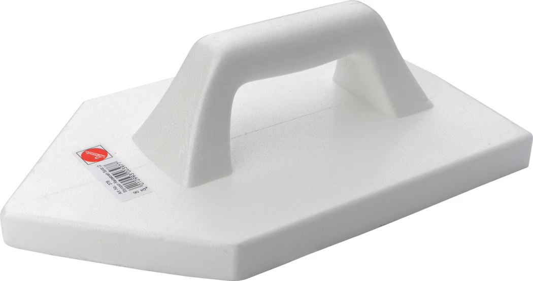 Pajarito_Dummy_Grating board styrofoam pointed_033796_2021-02 A white trowel with a textured handle, typically used in construction and masonry for applying and smoothing materials like plaster or mortar.