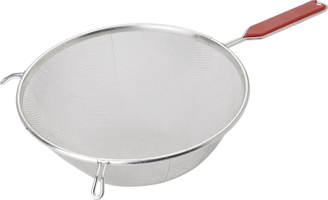 A stainless steel mesh strainer with a red handle, designed for draining liquids from food or separating solid from liquid.