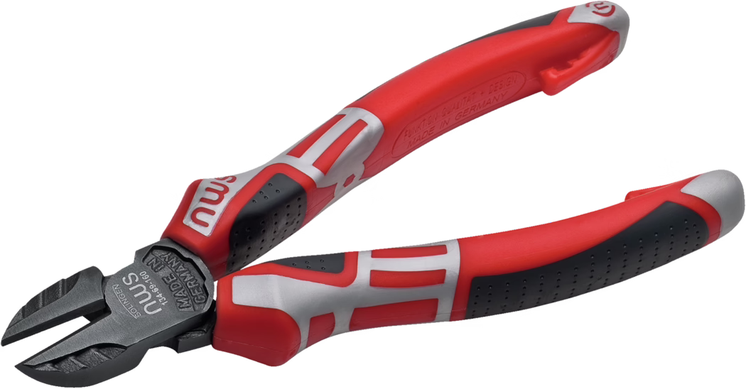 Pajarito_Dummy_Side cutter 18 cm_173951_2022-11 A pair of high-quality side cutting pliers with red and gray rubber grips, featuring a sharp cutting edge and a sturdy construction, designed for precision work.