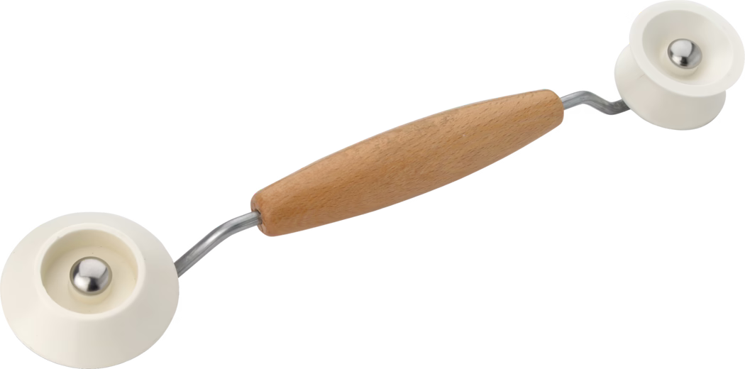 Pajarito_Dummy_Corner roller_034421_2021-02 A tool with a wooden handle and two white wheels, typically used for smoothing or rolling materials.
