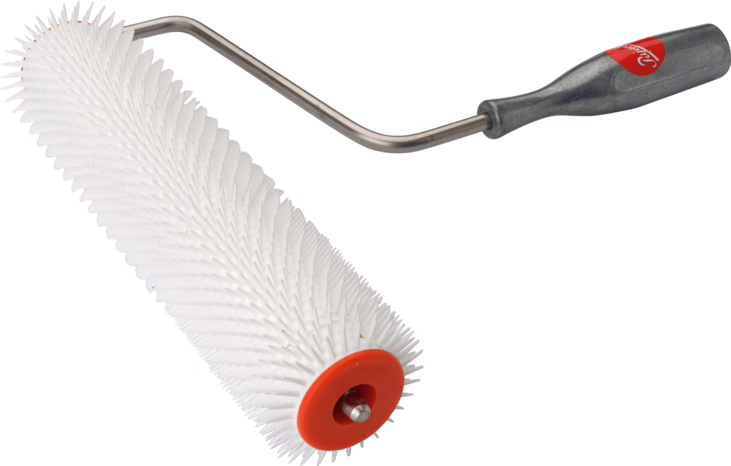 A paint roller with a unique white bristle design, featuring a metal handle with a red branding label. The roller is used for applying paint smoothly to large surfaces and has a distinctive texture that aids in paint distribution.