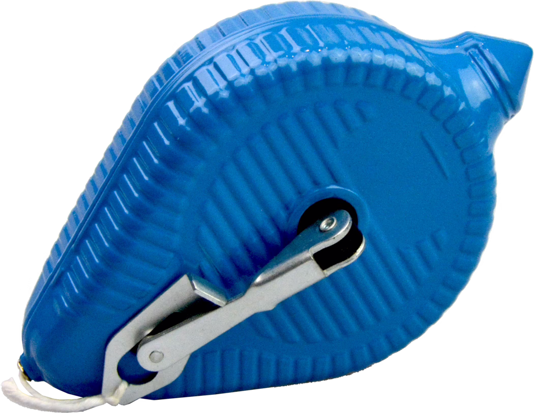 A blue measuring tape, typically used in construction and tailoring, showing a smooth and shiny surface. The tape measure has a compact and rounded design with a metal clip for securing it when not in use. It features a textured grip for easy handling and has a slight curvature at one end.