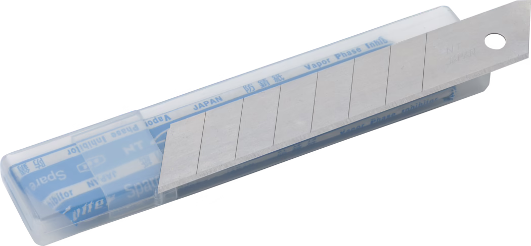 A precision cutting tool featuring a retractable blade housed in a plastic casing. The blade is designed for detailed cutting tasks and is made of metal for durability. The casing is semi-transparent and displays various labels including the manufacturer's name and specifications. Ideal for crafting, model-making, or any detailed cutting work.