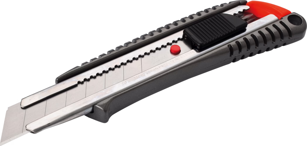 A utility knife with a retractable blade, featuring a black rubberized handle with grooves for grip, a red button for blade adjustment, and a metallic blade extending from the body.