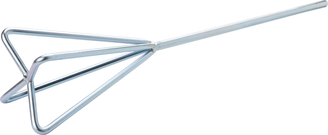 Pajarito_Dummy_Star stirrer_034781_2021-02 A metal mixing tool, commonly known as a whisk, designed with three wire loops that form a triangular shape. The handle is long and provides good grip, making it suitable for mixing, whipping, and aerating ingredients. The shiny silver finish suggests it is made of stainless steel, ensuring durability and ease of cleaning. This tool is essential in both professional kitchens and home cooking for tasks such as beating eggs or emulsifying sauces.
