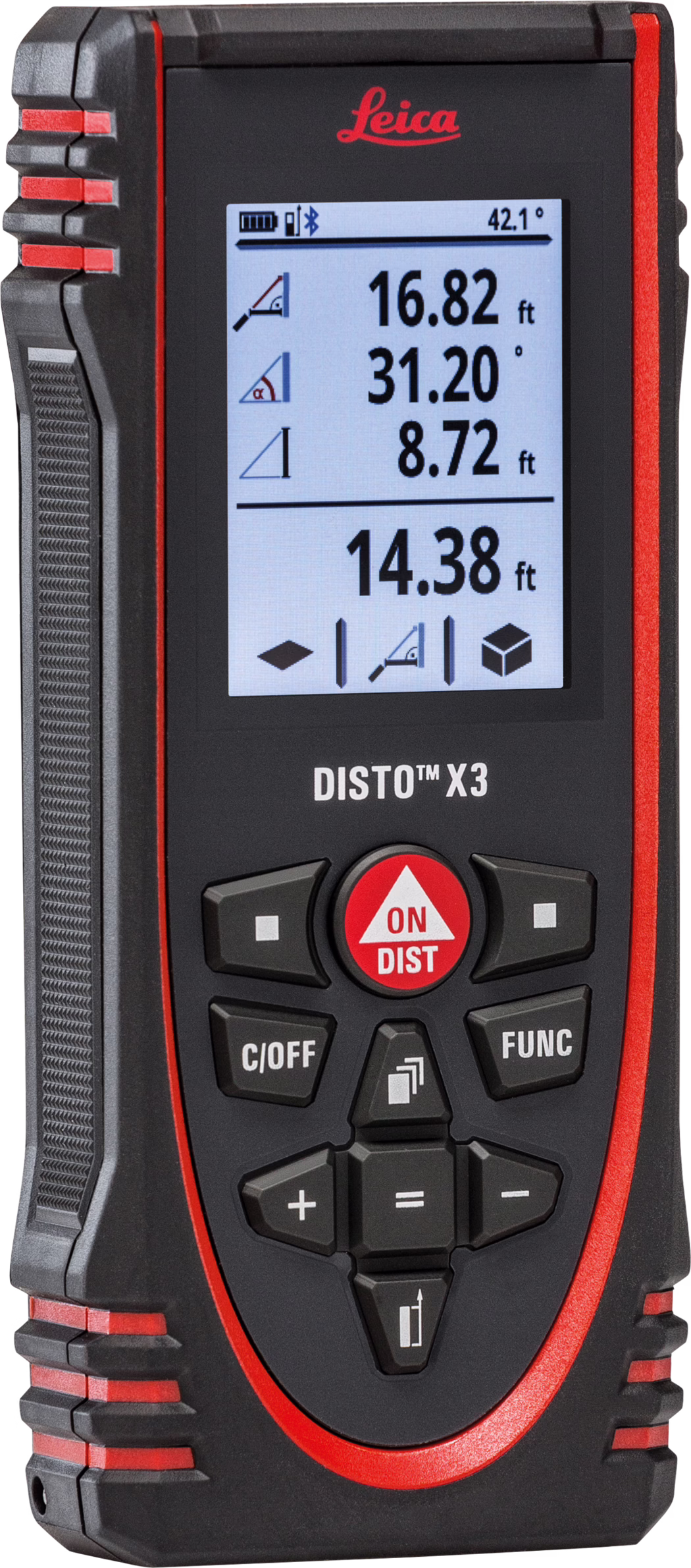 Pajarito_Dummy_Leica Disto X3_021135_2021-03 The image shows a Leica DISTO X3, a digital laser distance measuring device. The device features a robust design with a black casing and red accents. The display screen is large and shows several measurements, including distances in feet and angles in degrees. The device has various buttons for functionality, including an 'ON DIST' button, a 'C/OFF' button, and directional buttons for navigation. The overall shape is rectangular and compact, making it portable for on-site use.